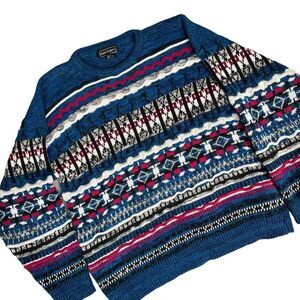 Vintage Peter England Cotton Geometric Knit Striped‎ Sweater Men's Size Medium
